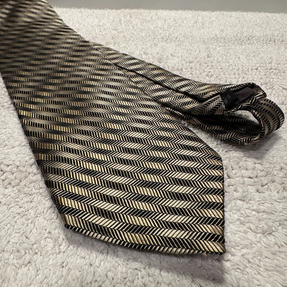 Bruno Piattelli Tie Beige Abstract Geometric Stripe Extra Long Silk Rockabilly